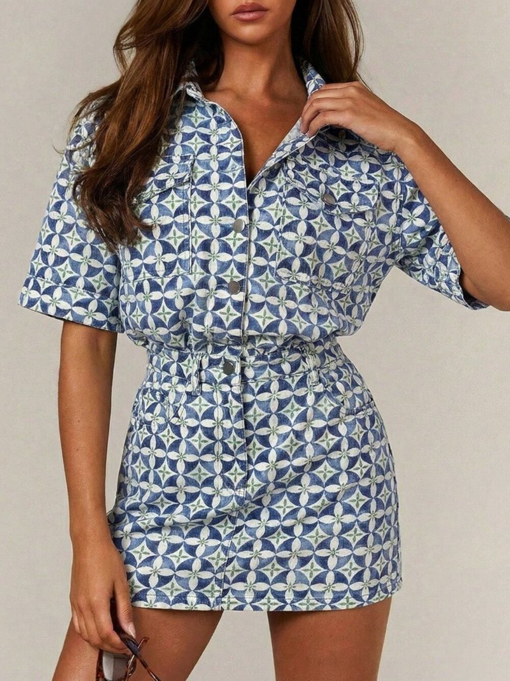 Multicolor Boho Women's Denim Denim Button-Down Short-Sleeved Mini Dress